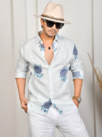 Floral Block Print Blue Pure Linen Shirt