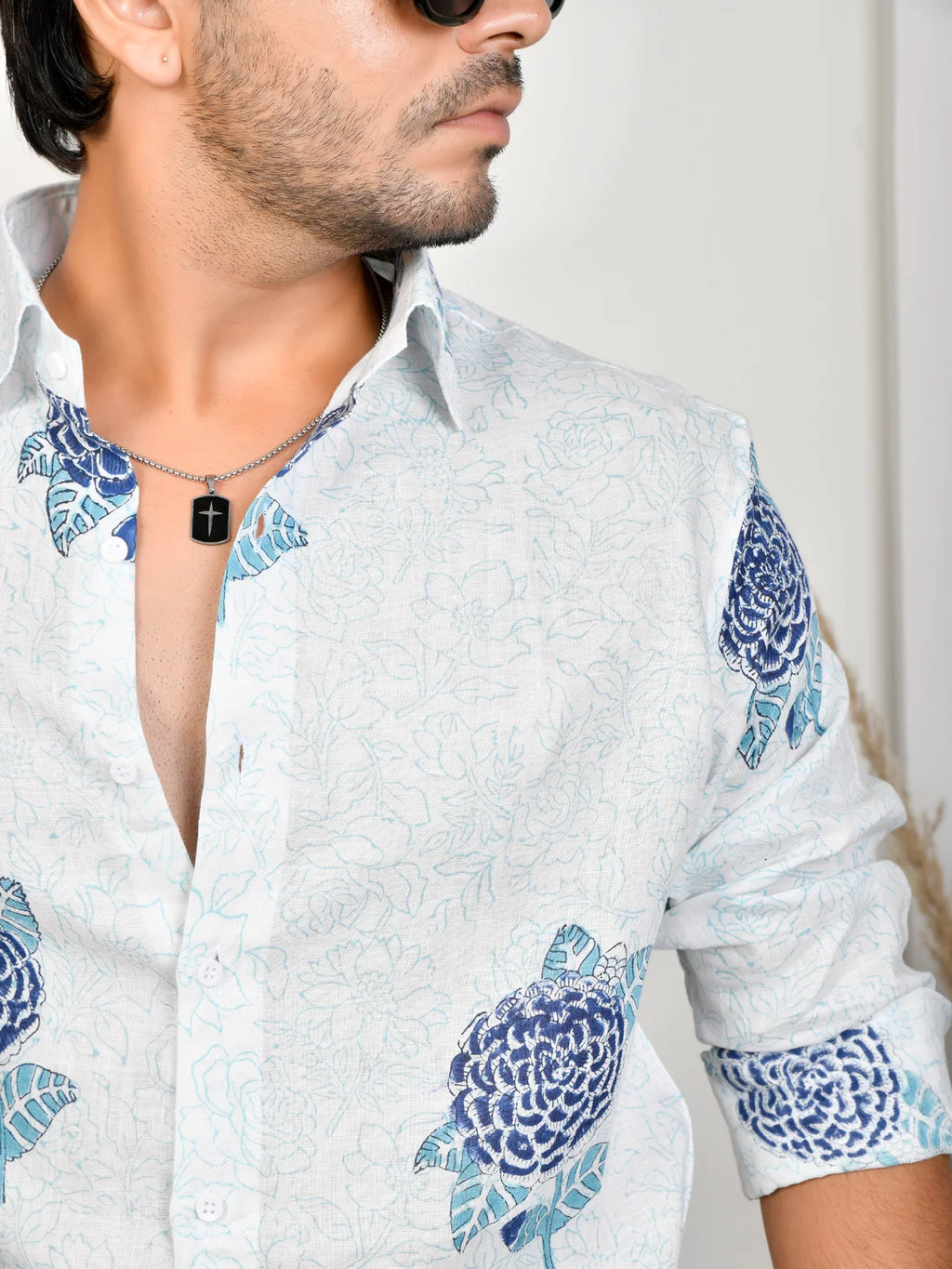 Floral Block Print Blue Pure Linen Shirt