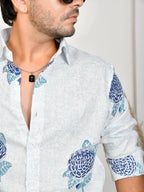 Floral Block Print Blue Pure Linen Shirt
