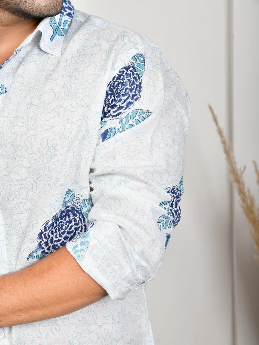 Floral Block Print Blue Pure Linen Shirt