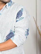 Floral Block Print Blue Pure Linen Shirt