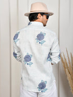 Floral Block Print Blue Pure Linen Shirt