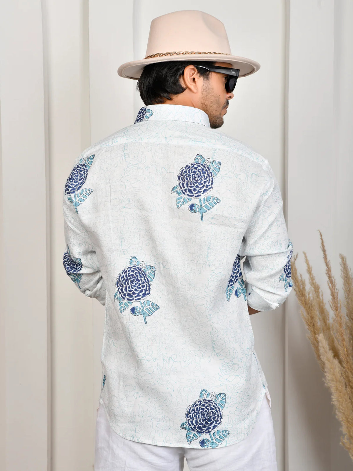 Floral Block Print Blue Pure Linen Shirt