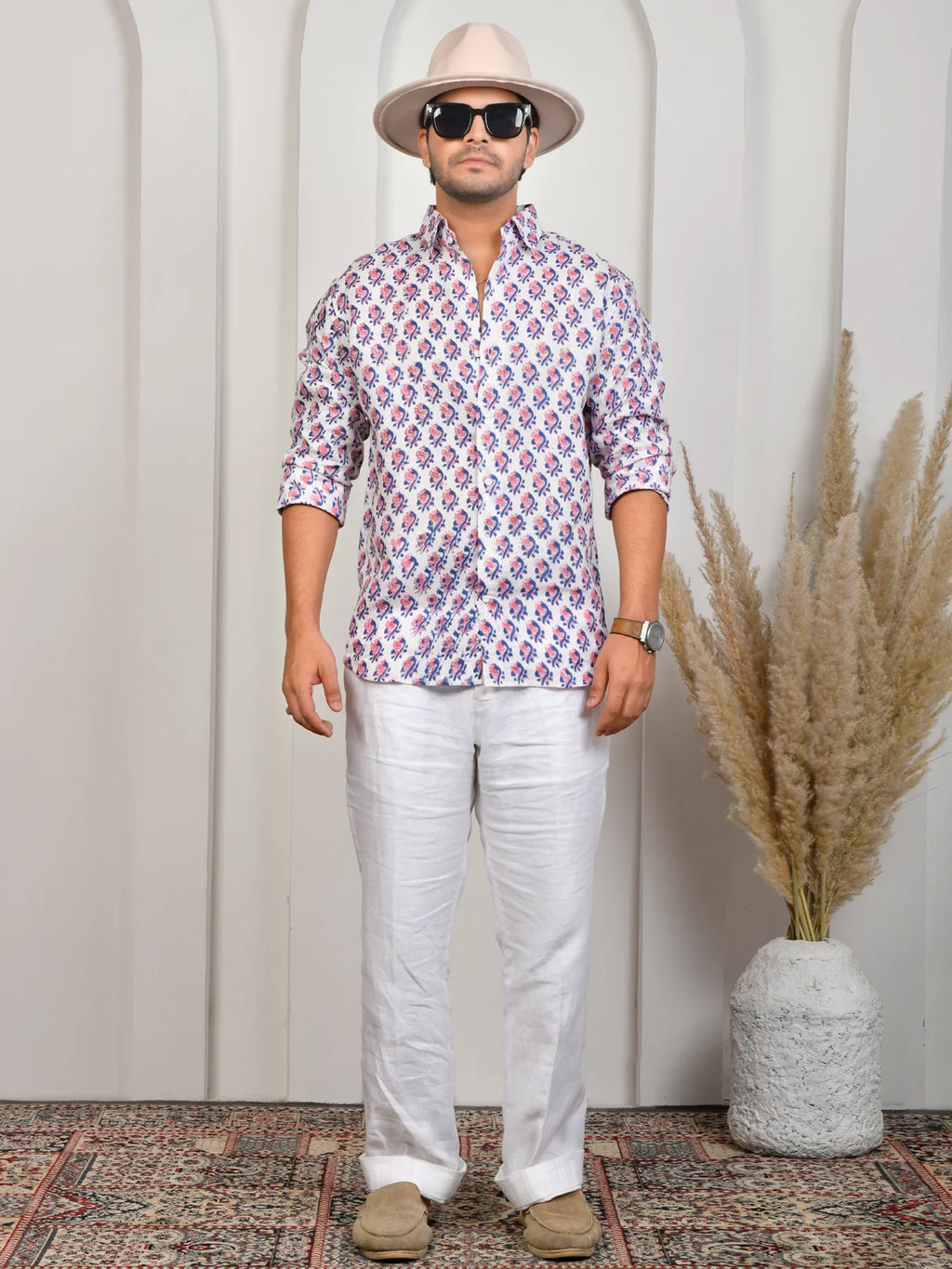 Floral Block Print Indigo Pure Linen Shirt