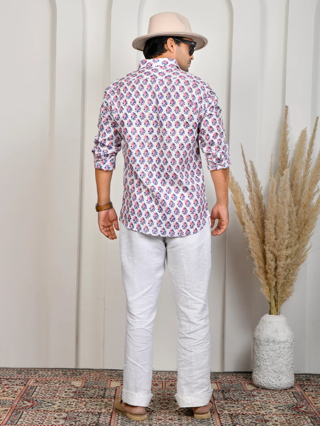 Floral Block Print Indigo Pure Linen Shirt