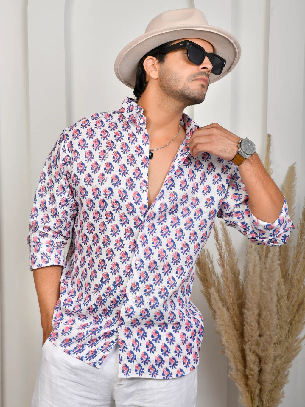 Floral Block Print Indigo Pure Linen Shirt