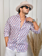 Floral Block Print Indigo Pure Linen Shirt