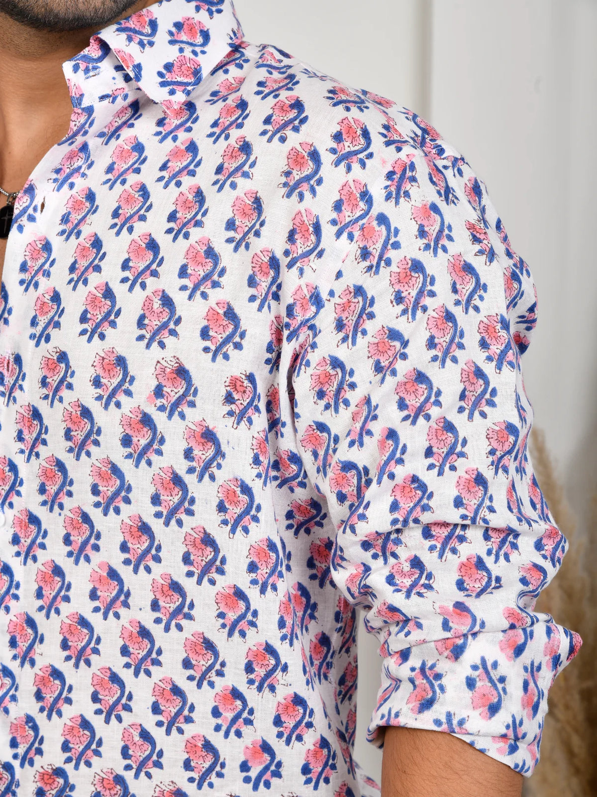 Floral Block Print Indigo Pure Linen Shirt