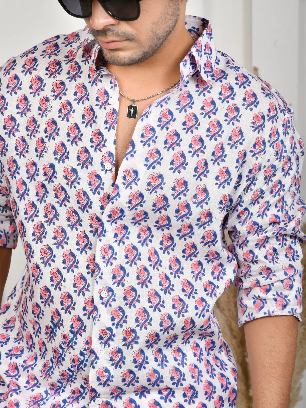Floral Block Print Indigo Pure Linen Shirt