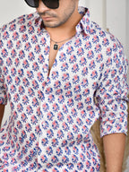 Floral Block Print Indigo Pure Linen Shirt