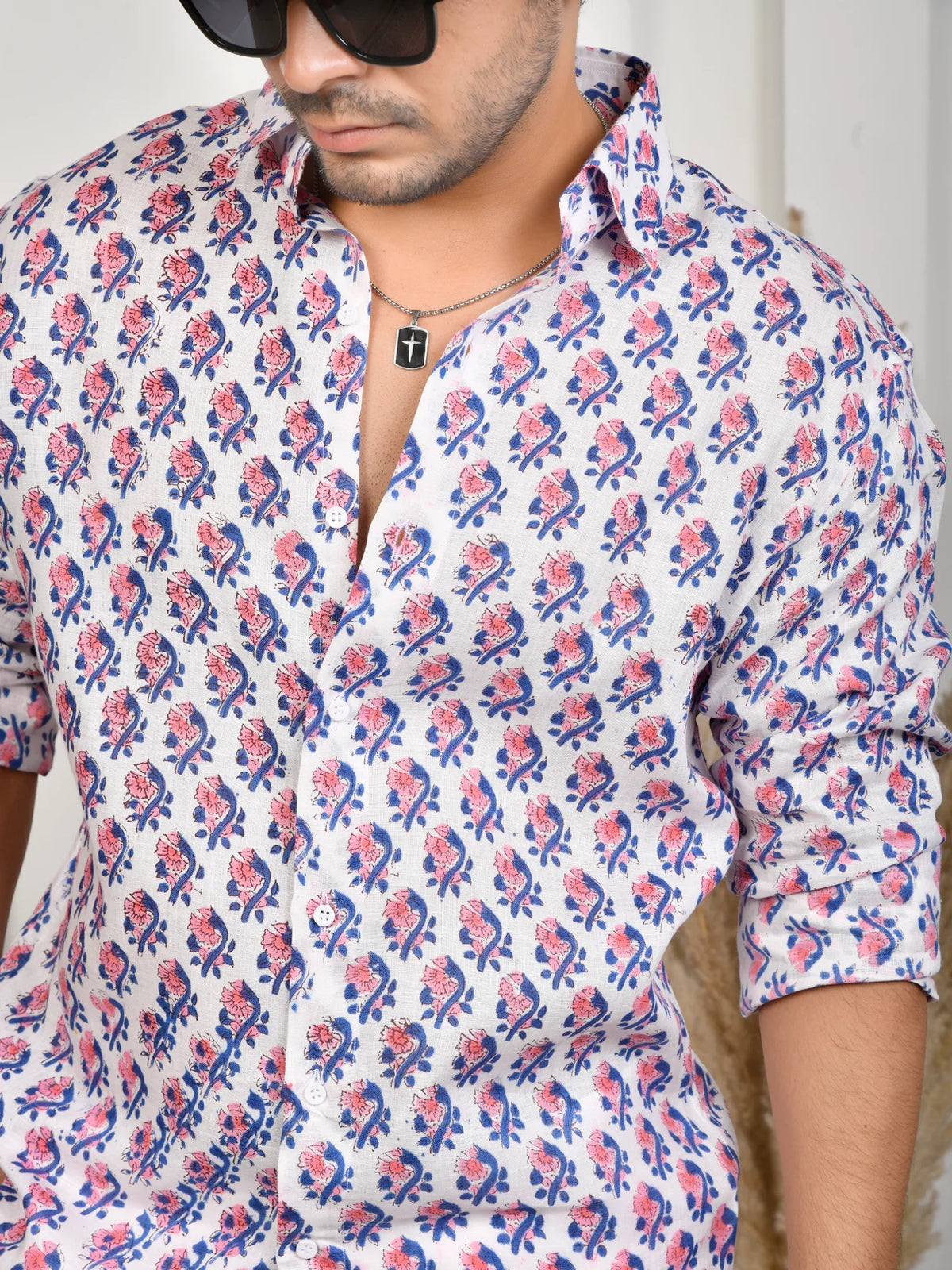 Floral Block Print Indigo Pure Linen Shirt