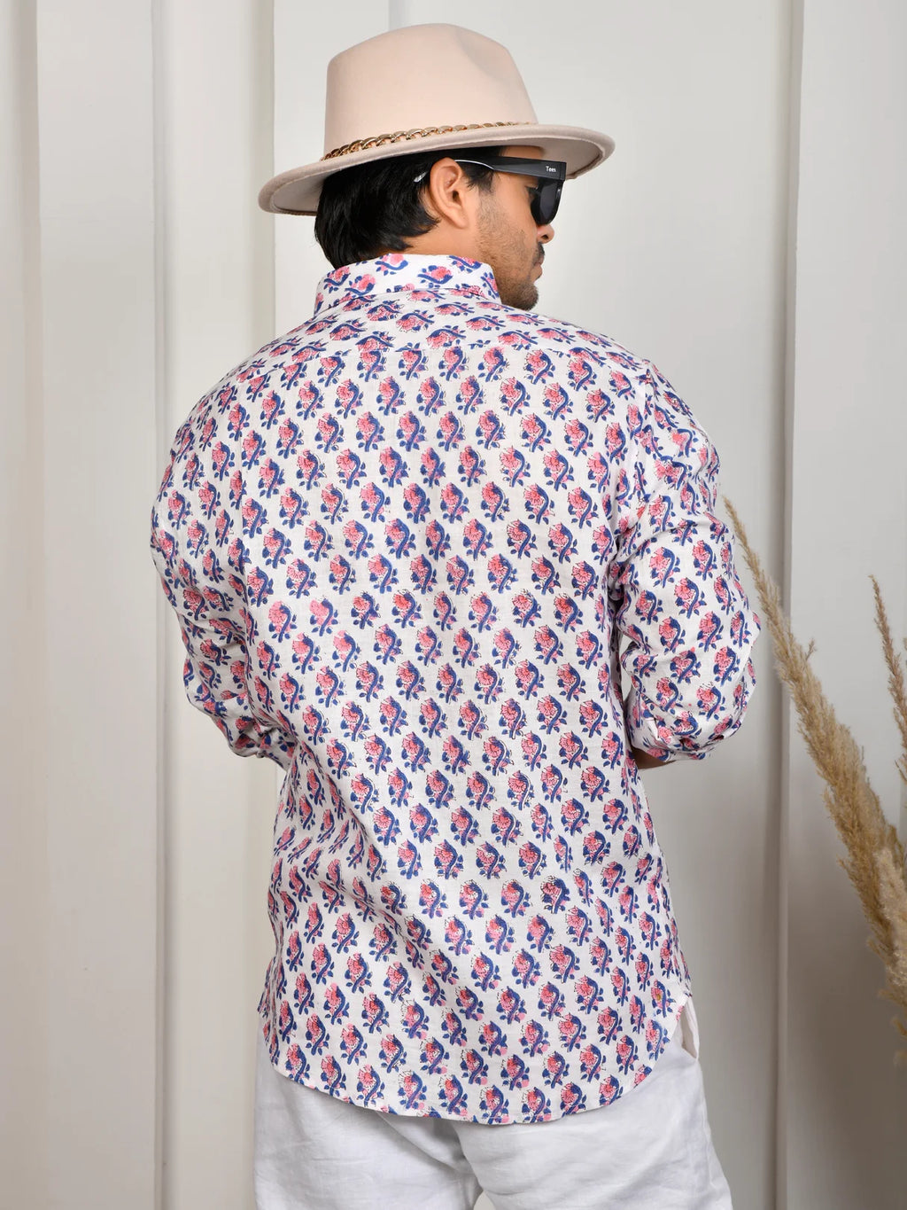 Floral Block Print Indigo Pure Linen Shirt