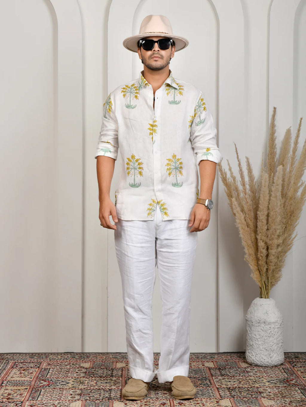 Floral Block Print Green Pure Linen Shirt