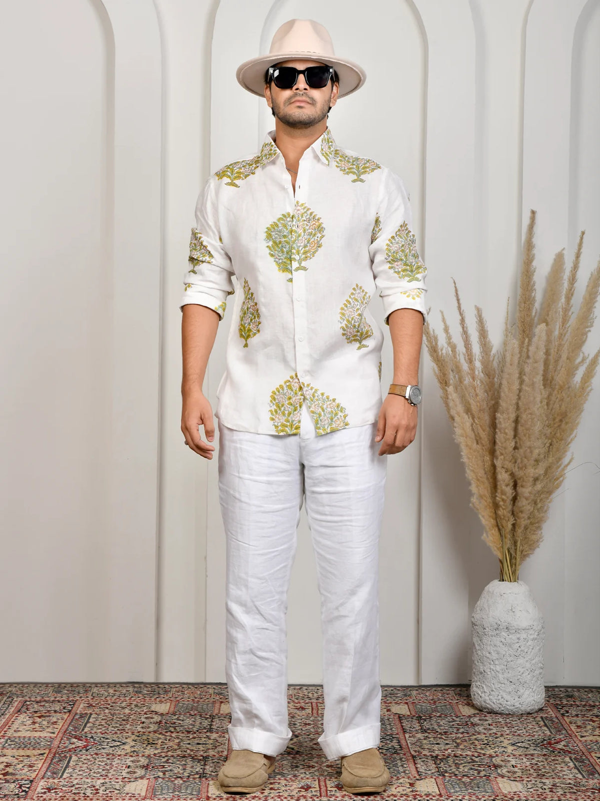 Floral Block Print Mint Pure Linen Shirt