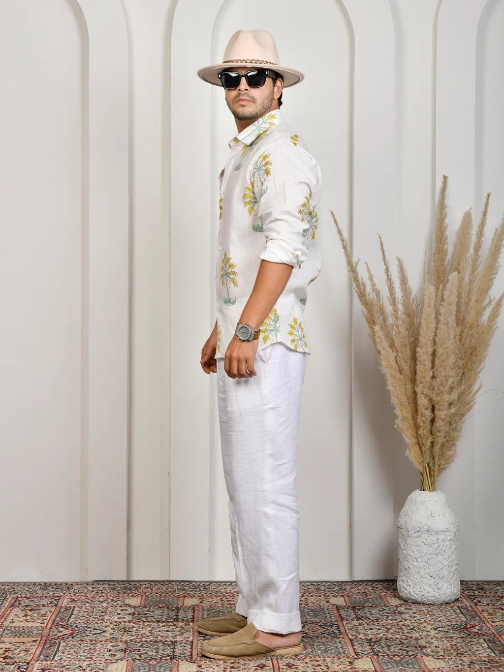 Floral Block Print Green Pure Linen Shirt