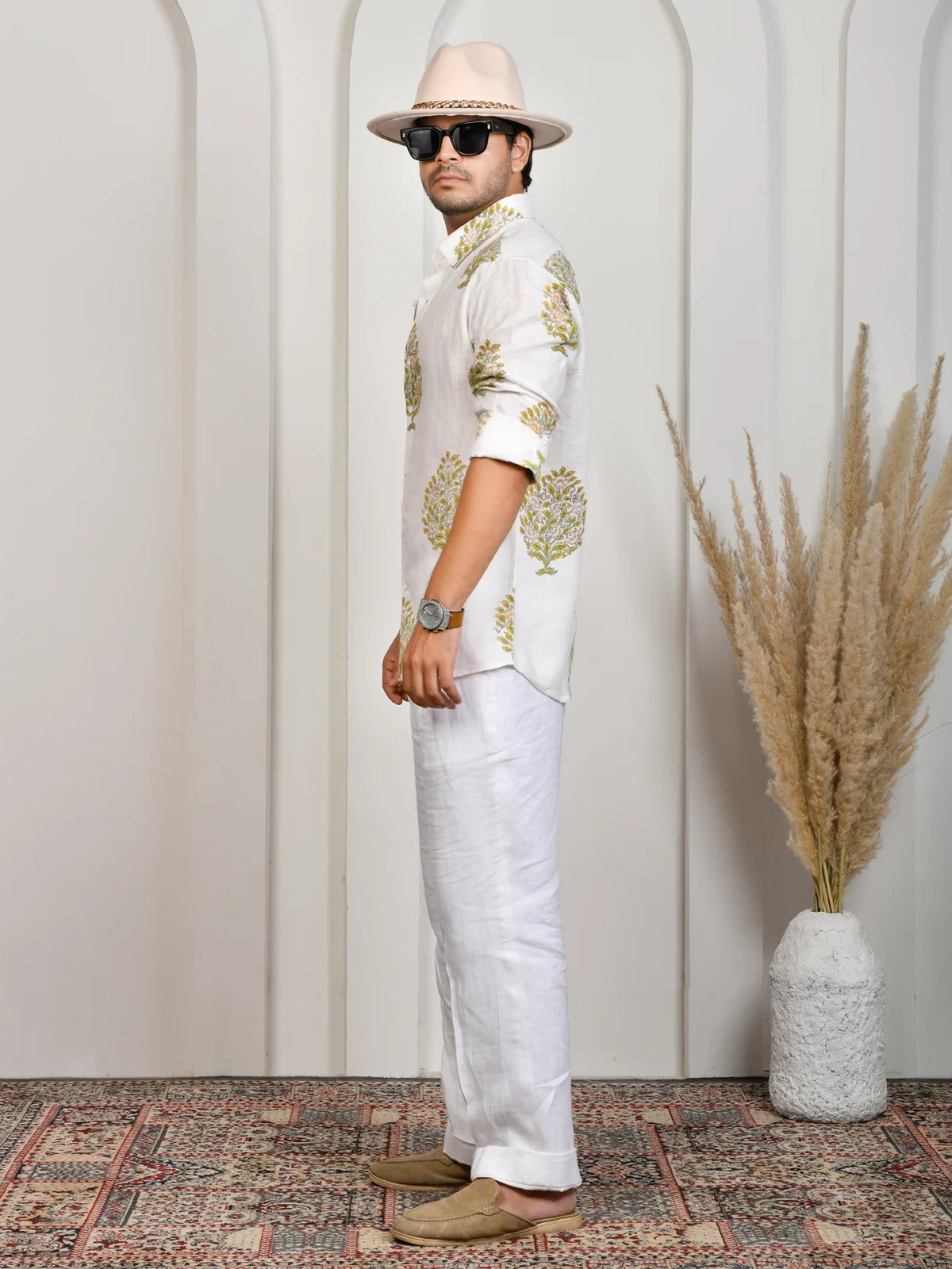 Floral Block Print Mint Pure Linen Shirt
