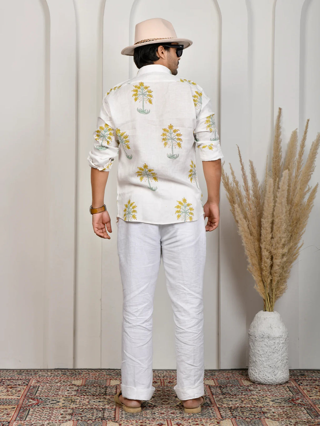 Floral Block Print Green Pure Linen Shirt