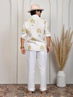 Floral Block Print Green Pure Linen Shirt