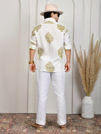 Floral Block Print Mint Pure Linen Shirt