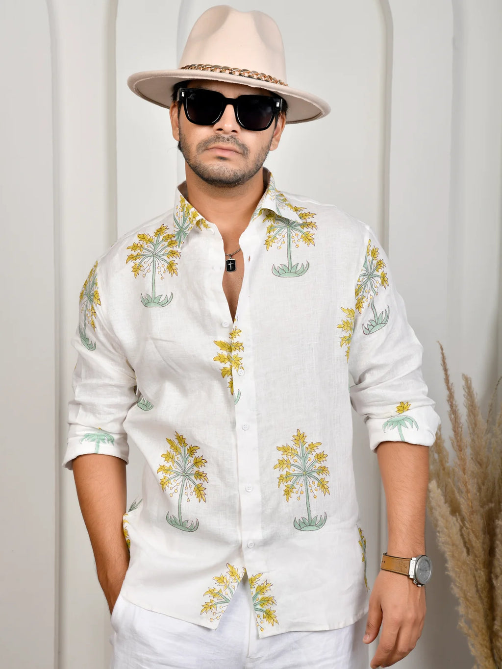 Floral Block Print Green Pure Linen Shirt