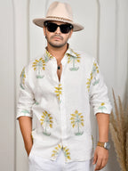 Floral Block Print Green Pure Linen Shirt
