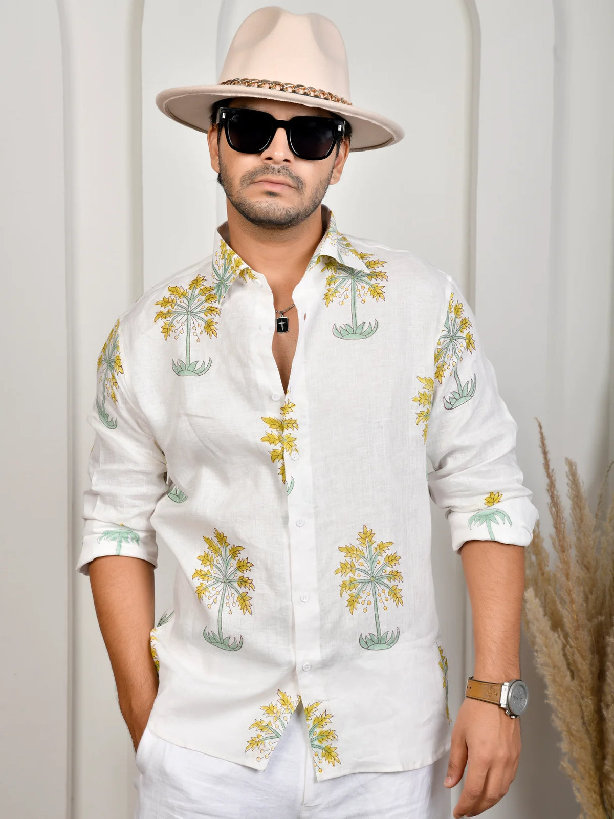 Floral Block Print Green Pure Linen Shirt