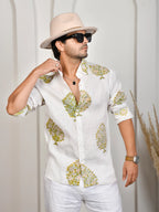 Floral Block Print Mint Pure Linen Shirt