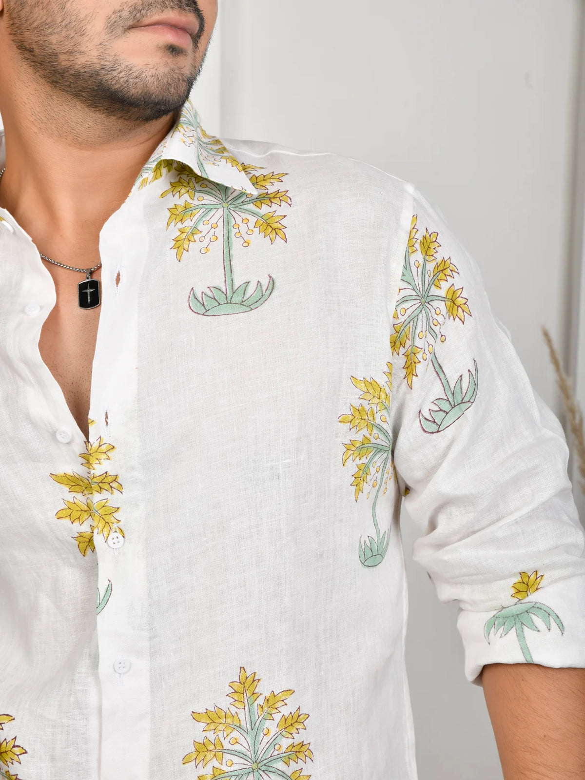 Floral Block Print Green Pure Linen Shirt
