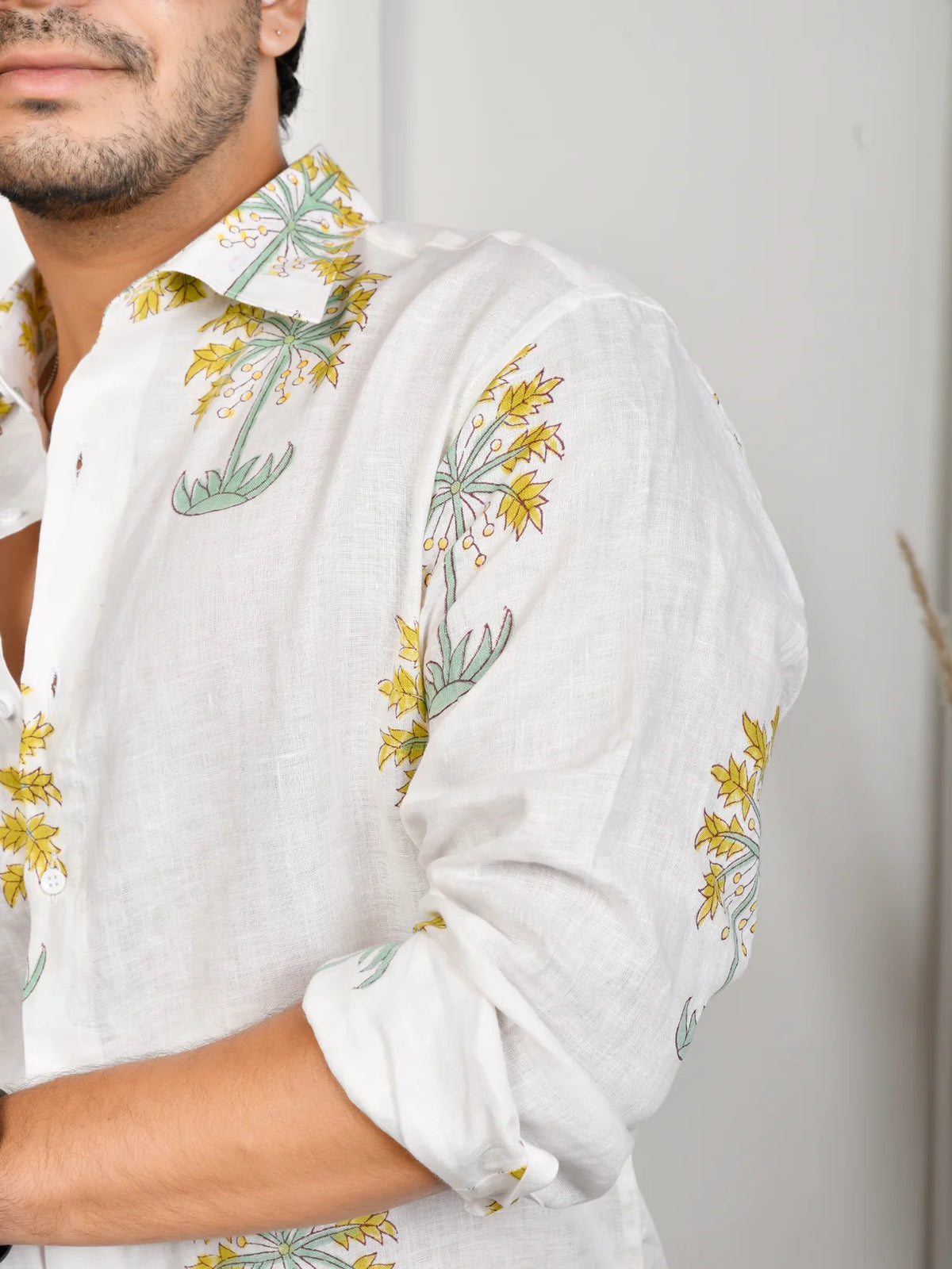Floral Block Print Green Pure Linen Shirt