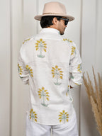 Floral Block Print Green Pure Linen Shirt