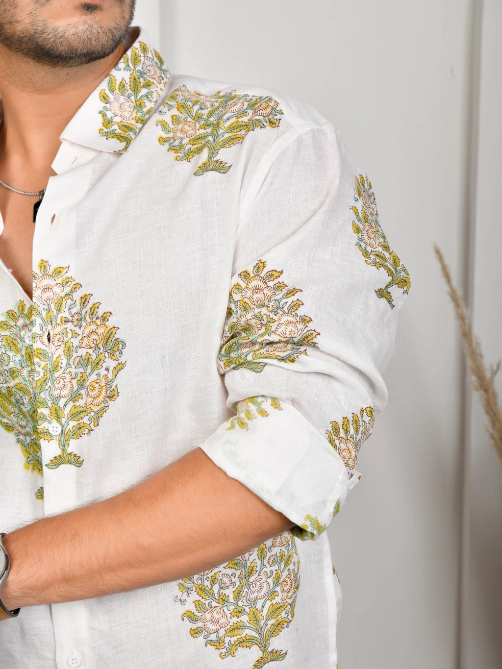 Floral Block Print Mint Pure Linen Shirt