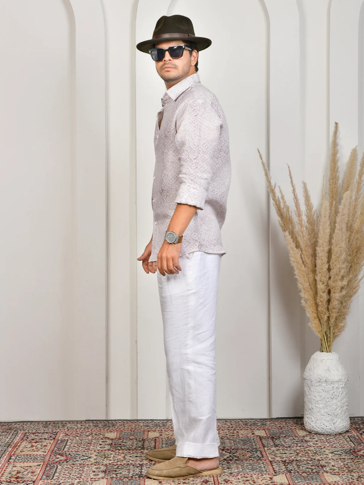 Floral Block Print Mulberry Pure Linen Shirt