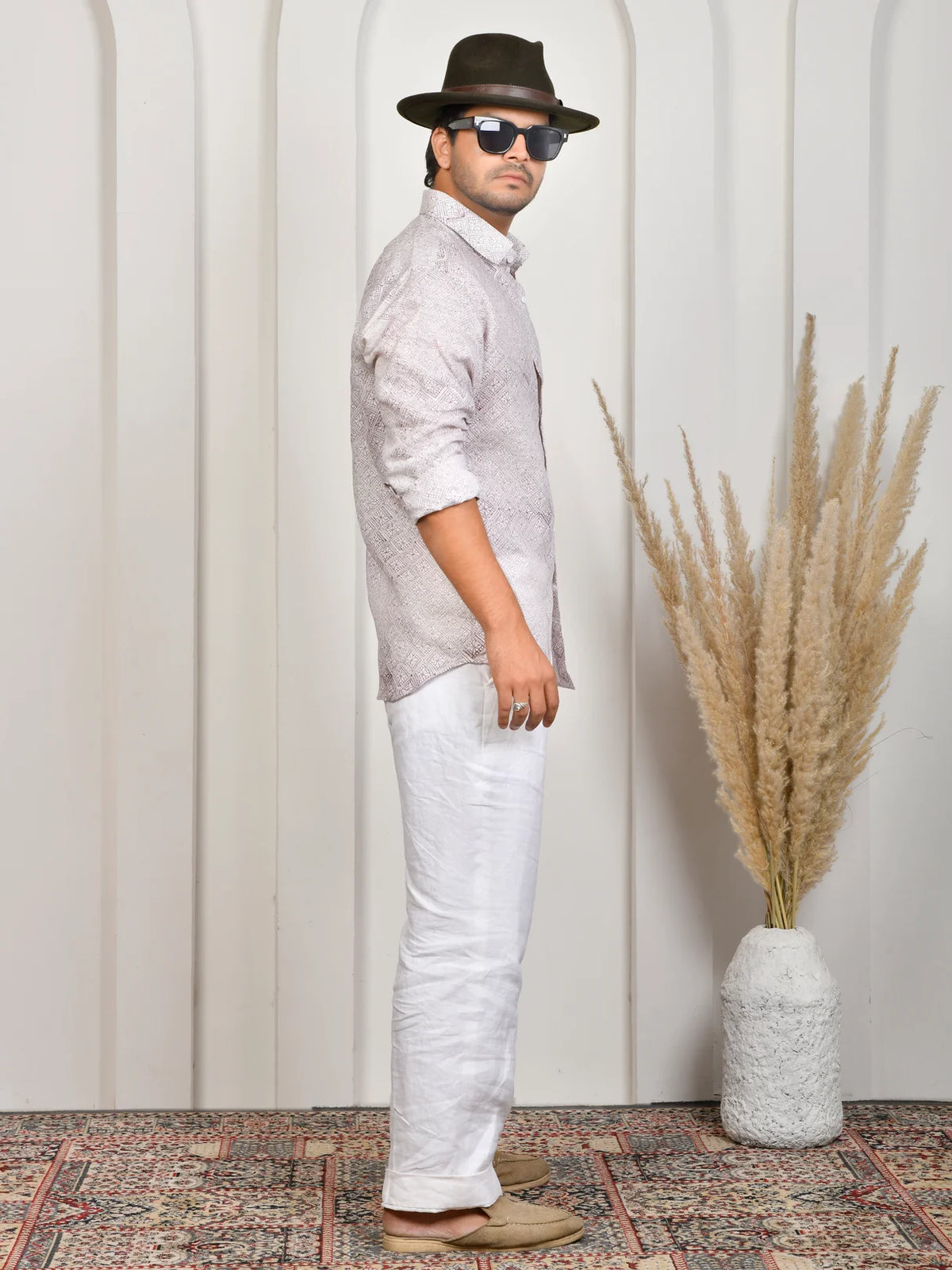 Floral Block Print Mulberry Pure Linen Shirt