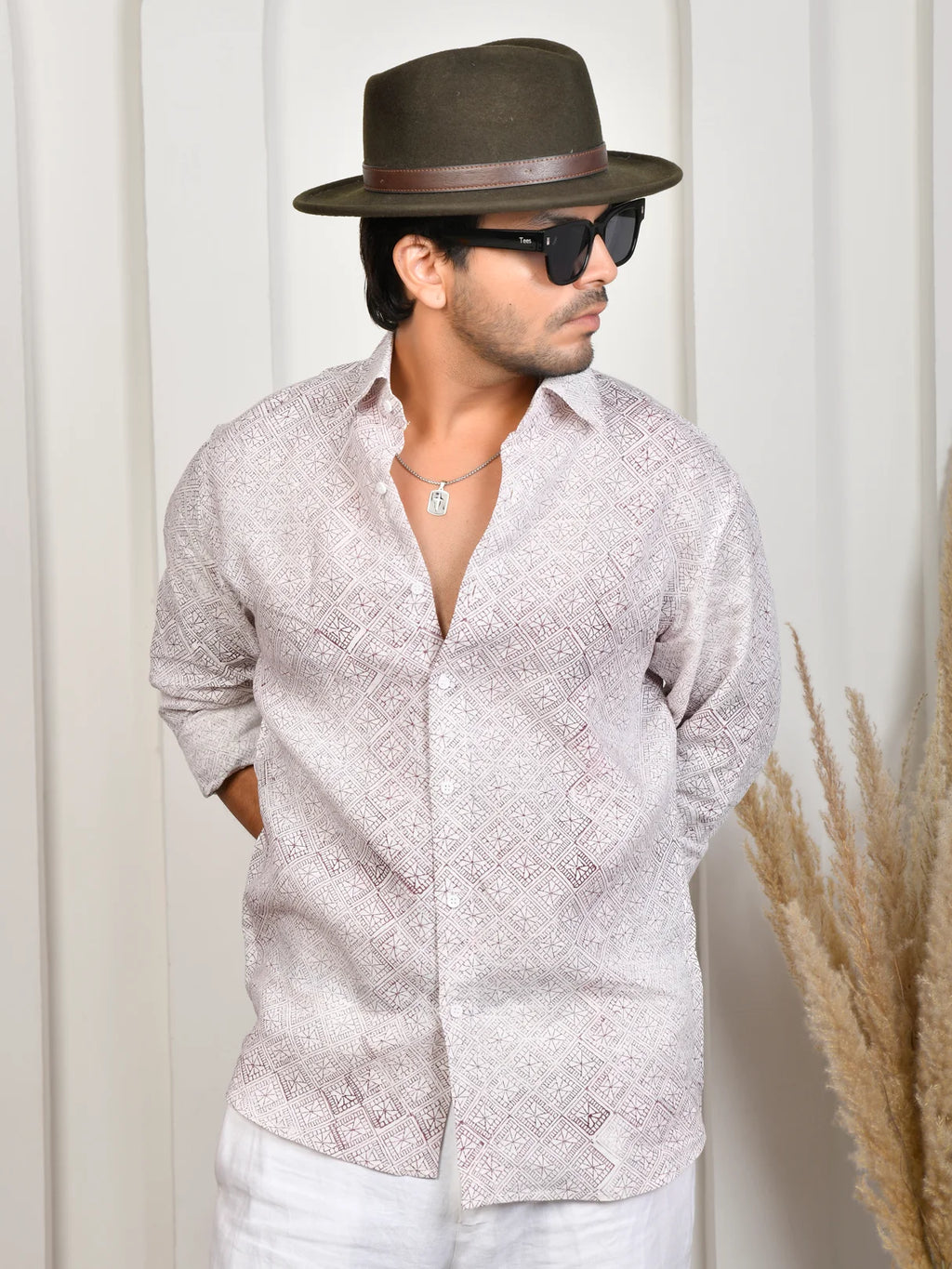 Floral Block Print Mulberry Pure Linen Shirt