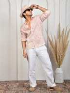 Floral Block Print Pink Pure Linen Shirt