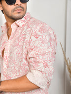 Floral Block Print Pink Pure Linen Shirt