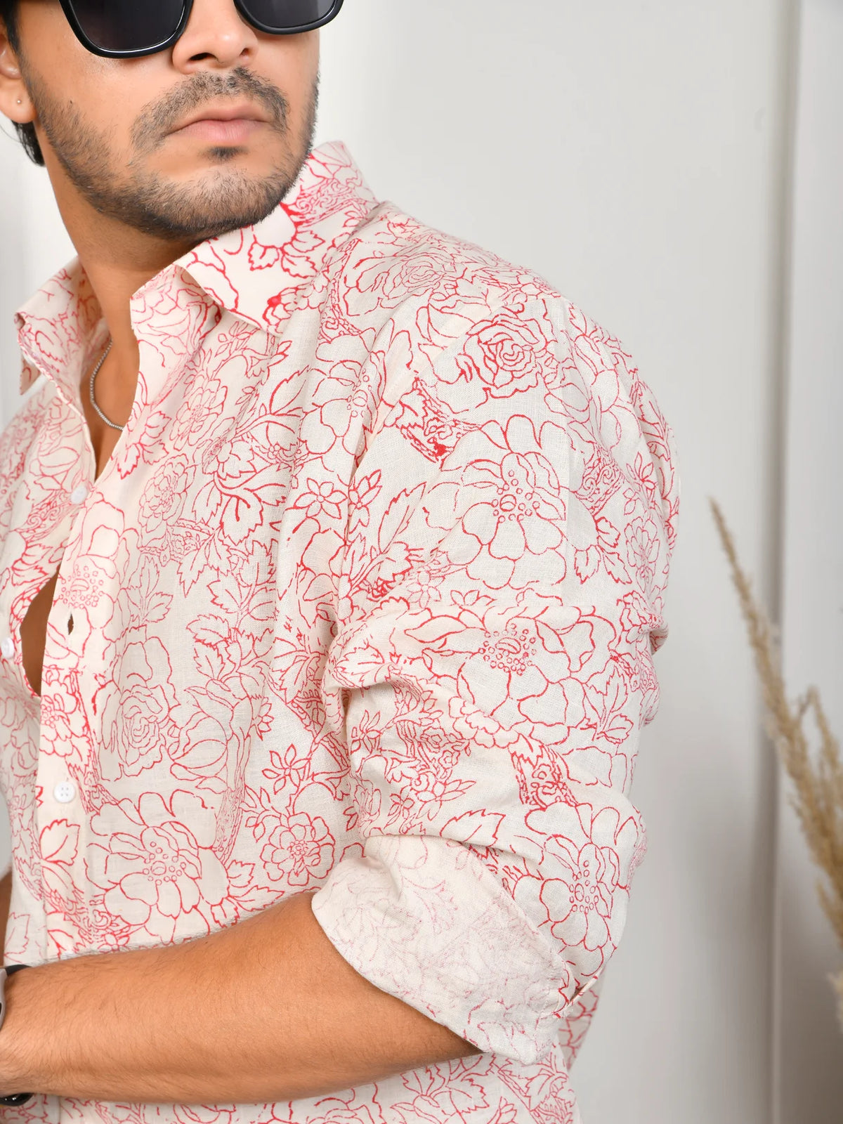 Floral Block Print Pink Pure Linen Shirt