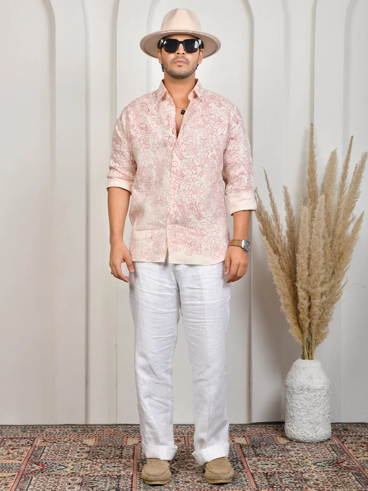 Floral Block Print Pink Pure Linen Shirt