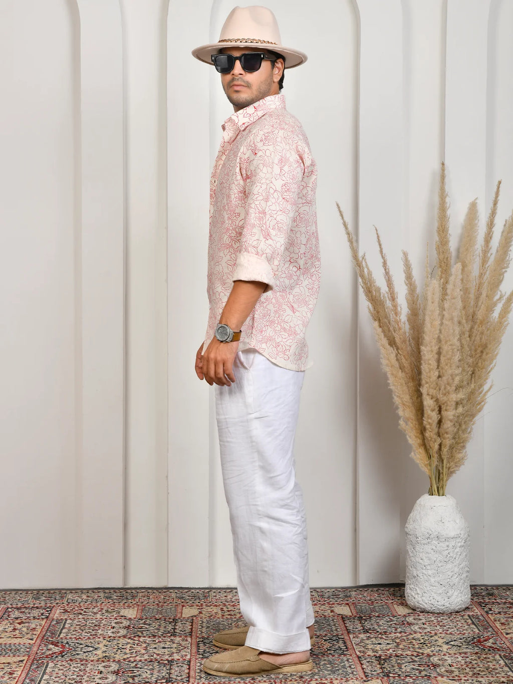 Floral Block Print Pink Pure Linen Shirt