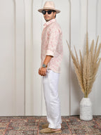 Floral Block Print Pink Pure Linen Shirt