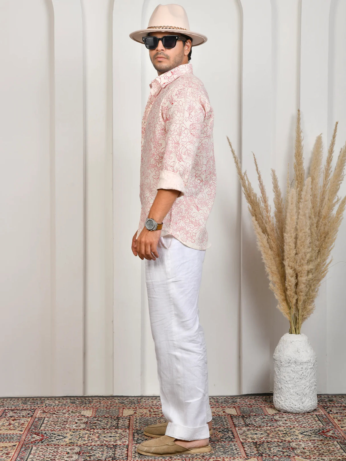 Floral Block Print Pink Pure Linen Shirt