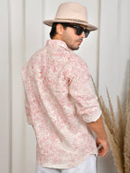 Floral Block Print Pink Pure Linen Shirt