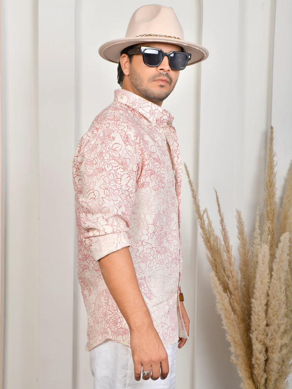 Floral Block Print Pink Pure Linen Shirt