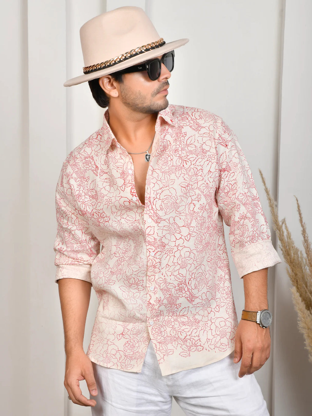 Floral Block Print Pink Pure Linen Shirt