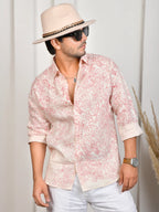 Floral Block Print Pink Pure Linen Shirt