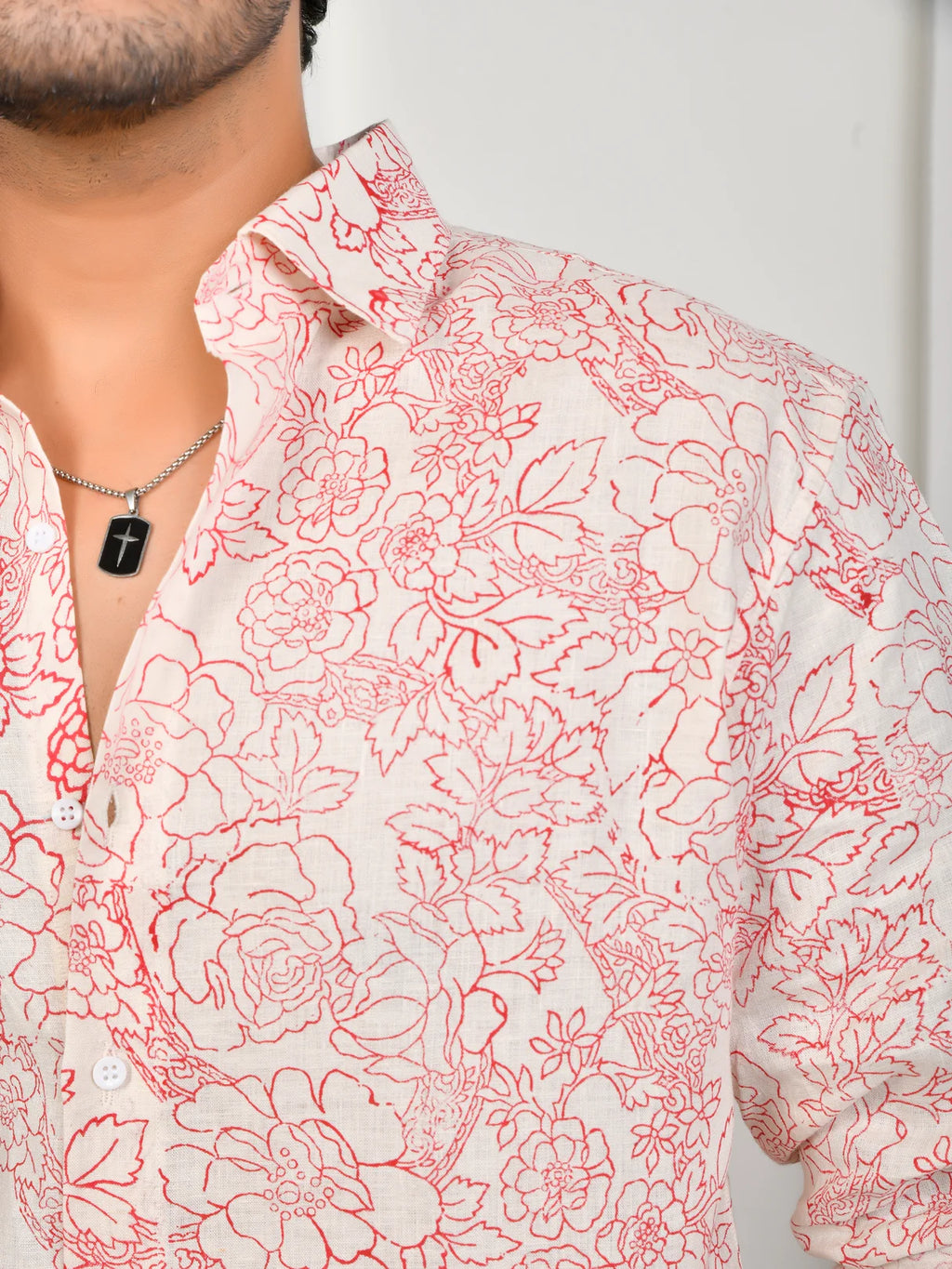 Floral Block Print Pink Pure Linen Shirt