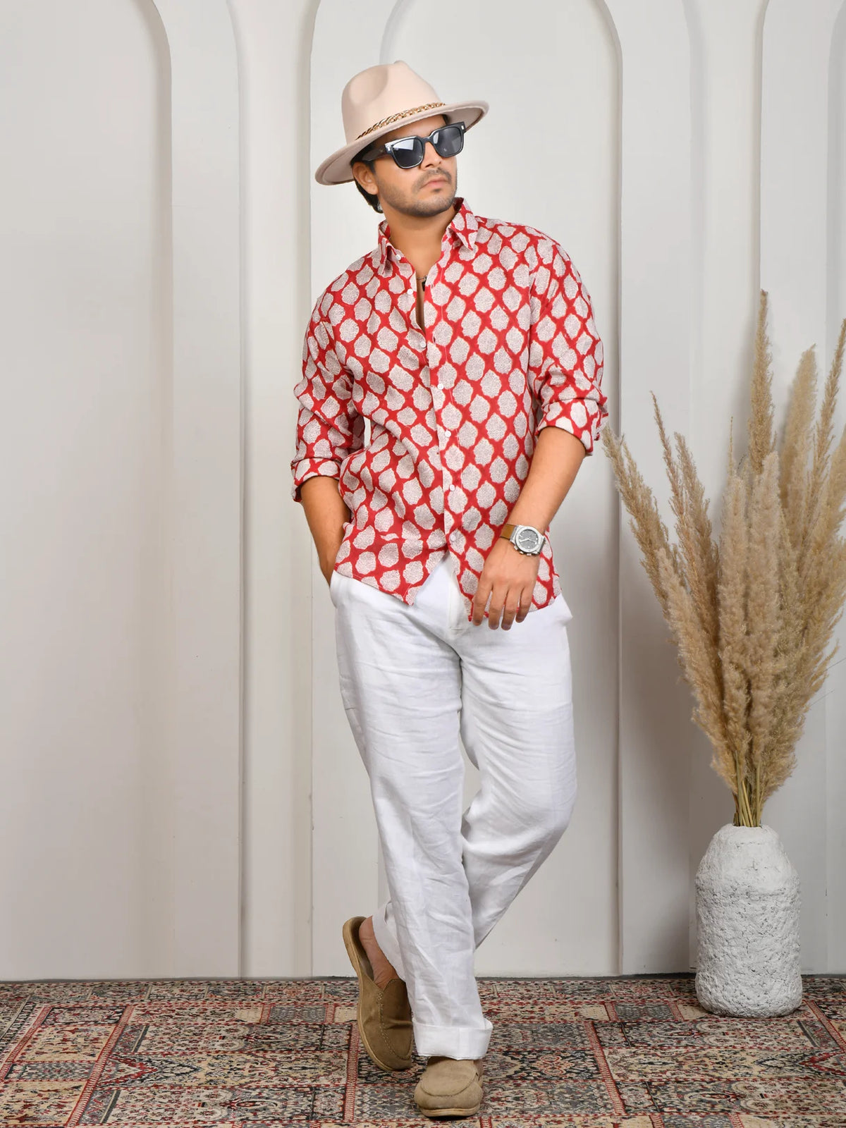 Floral Block Print Red Pure Linen Shirt