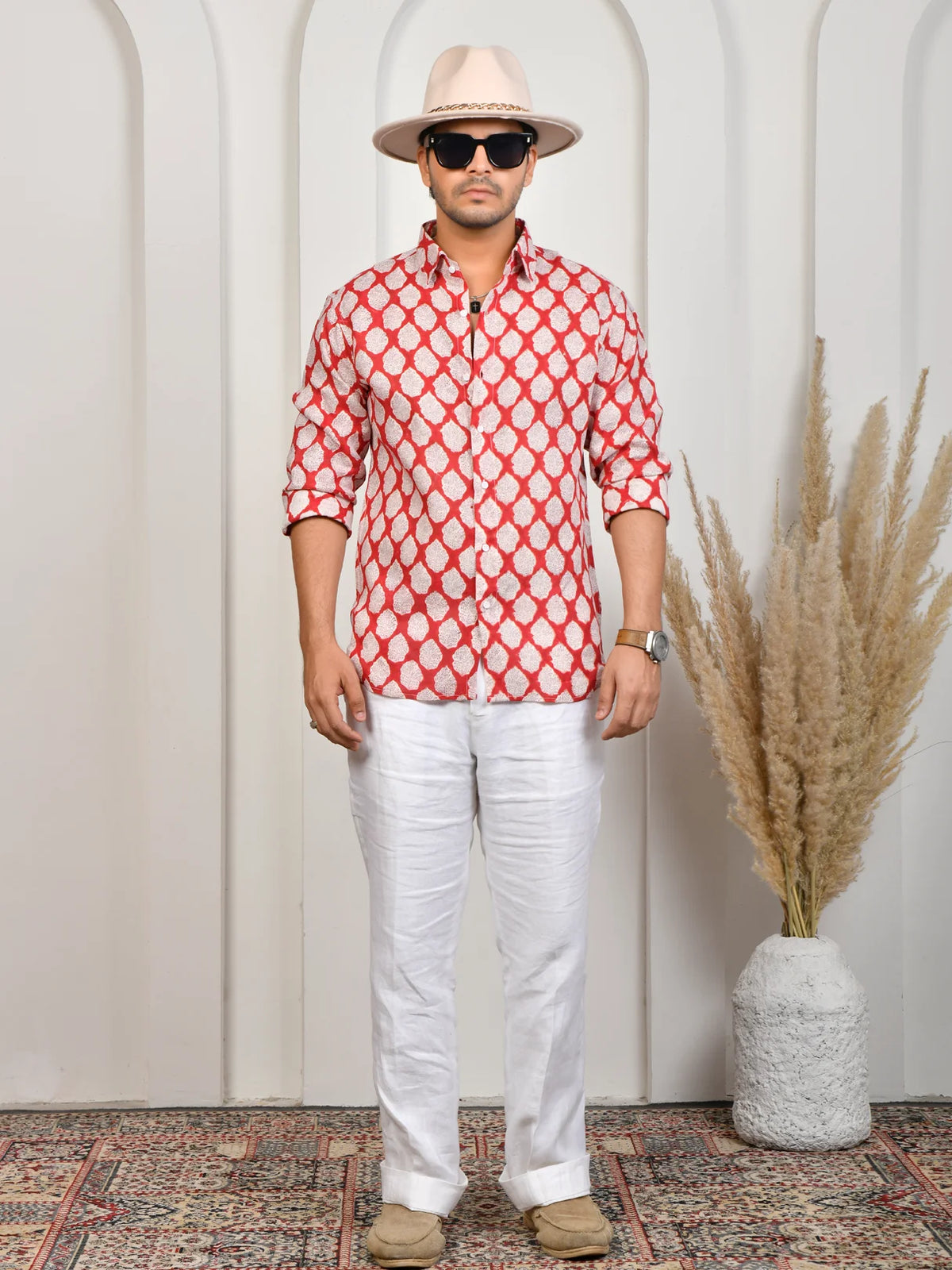 Floral Block Print Red Pure Linen Shirt
