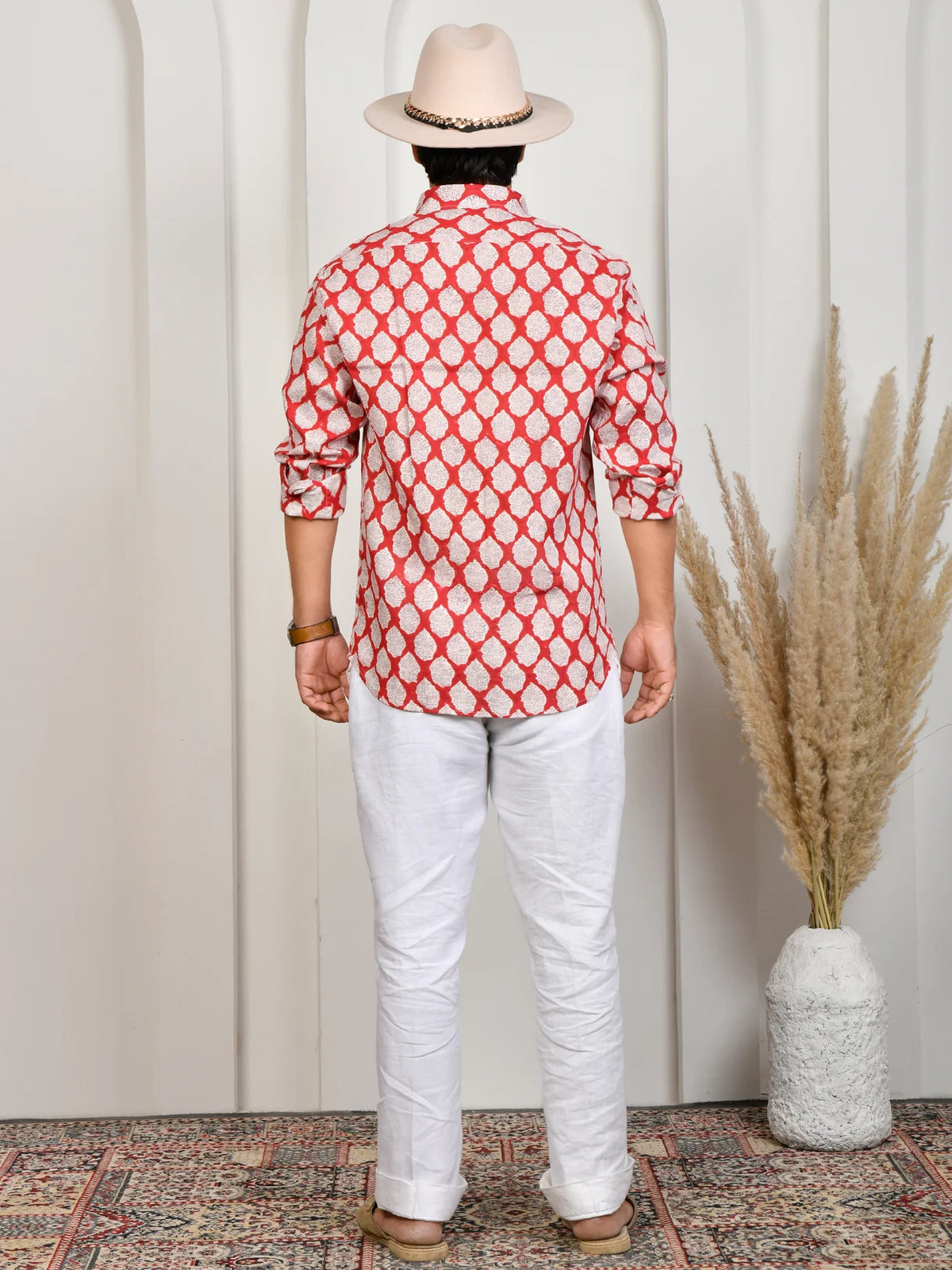 Floral Block Print Red Pure Linen Shirt