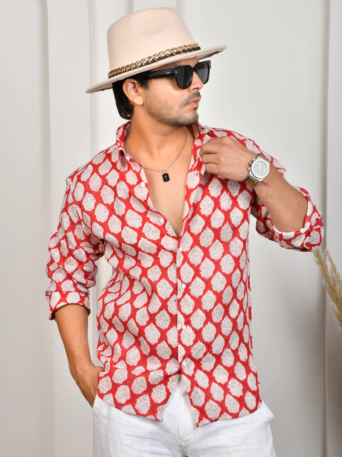 Floral Block Print Red Pure Linen Shirt